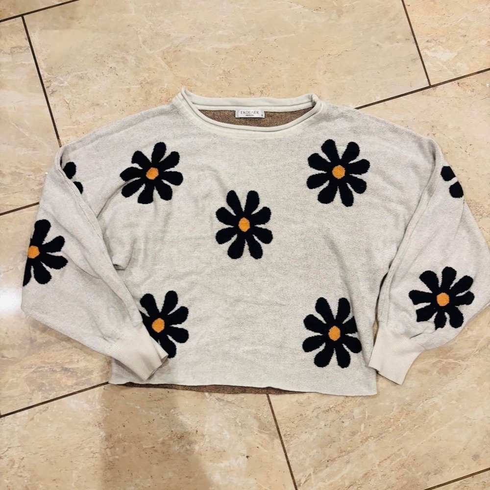 Ekouaer Daisy Sweater Women M Floral Knit Pullover Oatmeal Cream Cottagecore